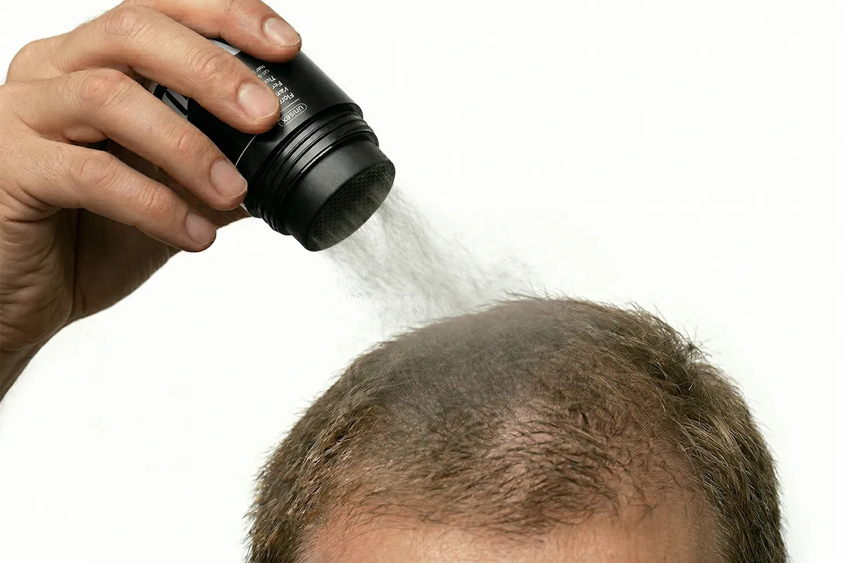 Aplikácia zahusťujúcich vlasových vlákien mioWell na rednúce miesta pokožky hlavy pre okamžitý objem a hustotu.