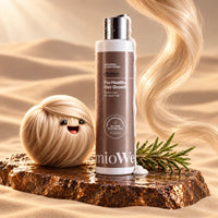 Kondicionér mioWell pre ženy s maskotkou Miou, prameňom blond vlasov, rozmarínom, krémom a kvapkami vody na kameni v jemnom piesku.