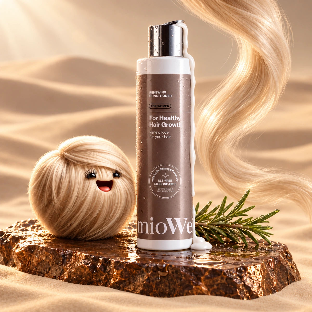 Kondicionér mioWell pre ženy s maskotkou Miou, prameňom blond vlasov, rozmarínom, krémom a kvapkami vody na kameni v jemnom piesku.