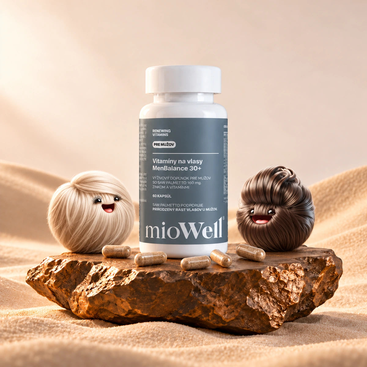 MenBalance 30+ – vitamíny na vlasy pre mužov, 60 kapsúl na 30 dní, s maskotmi Miou a Wellom
