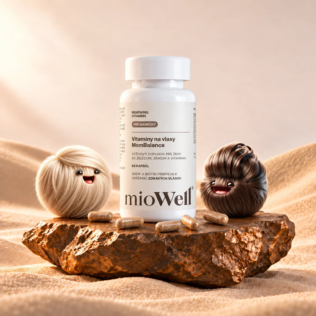 MomBalance – vitamíny na vlasy pre mamičky, 60 kapsúl na 30 dní, s maskotmi Miou a Wellom