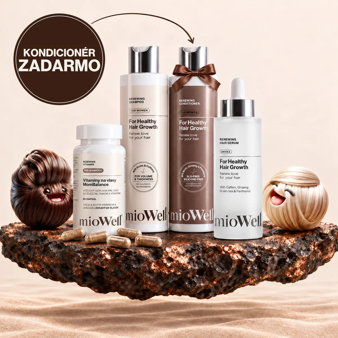 Vlasová rutina mioWell pre mamičky: MomBalance, sérum, šampón a kondicionér zdarma.