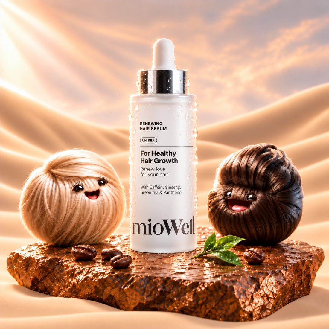 Renewing sérum mioWell s maskotmi Miou a Wellom, kávovými zrnami, lístkami zeleného čaju a kvapkami vody na bronzovom kameni v jemnom piesku.