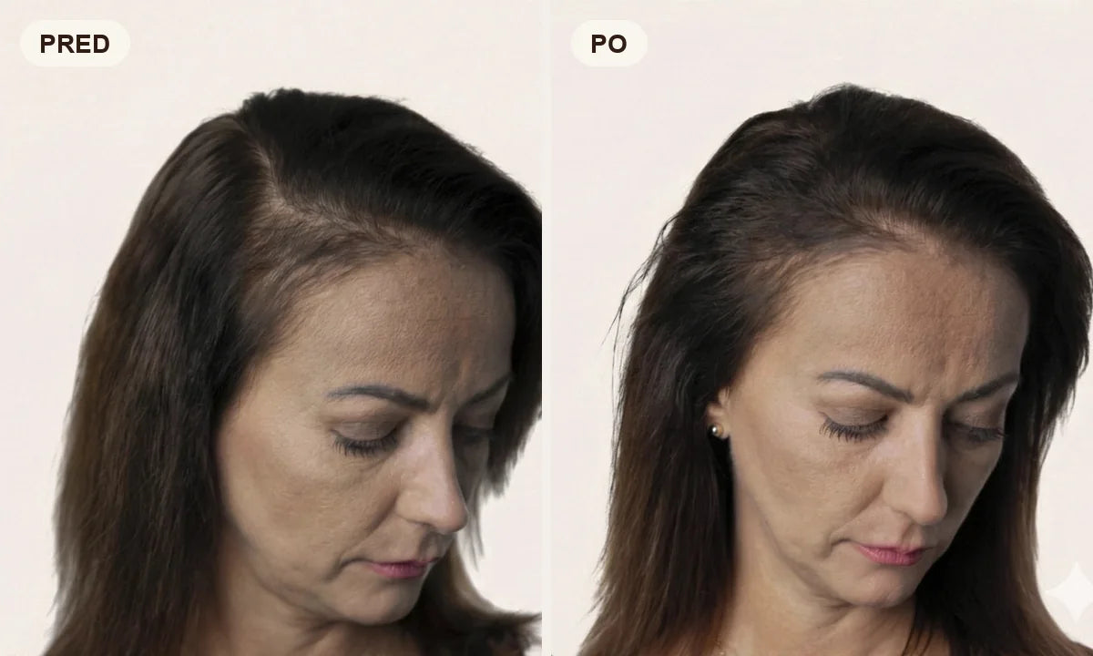 Žena pred a po okamžitom optickom zahustení vlasov pomocou mioVlákien