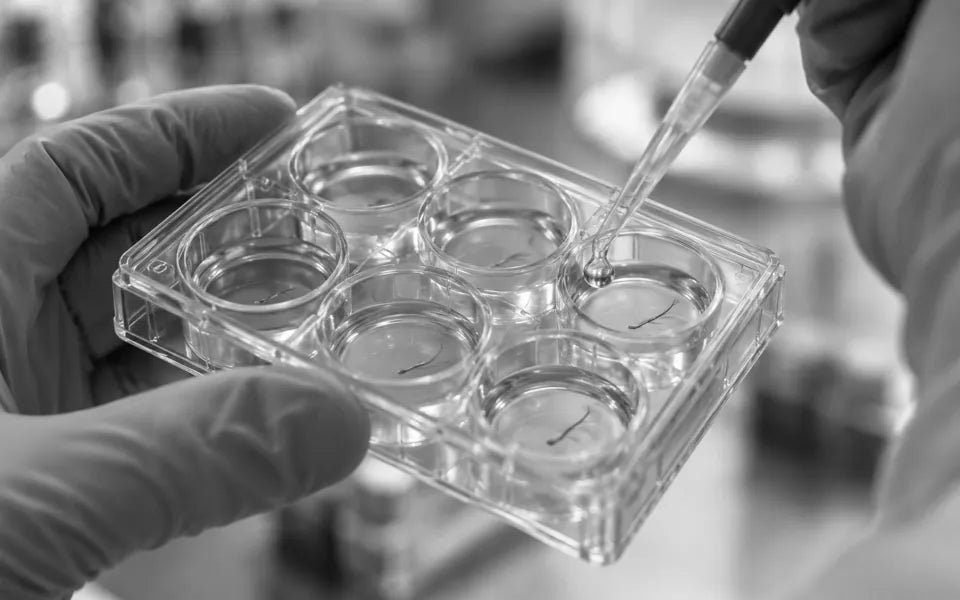 Ilustračná rekonštrukcia detailu laboratórnej práce s kultivačnou platničkou a vzorkami vlasov
