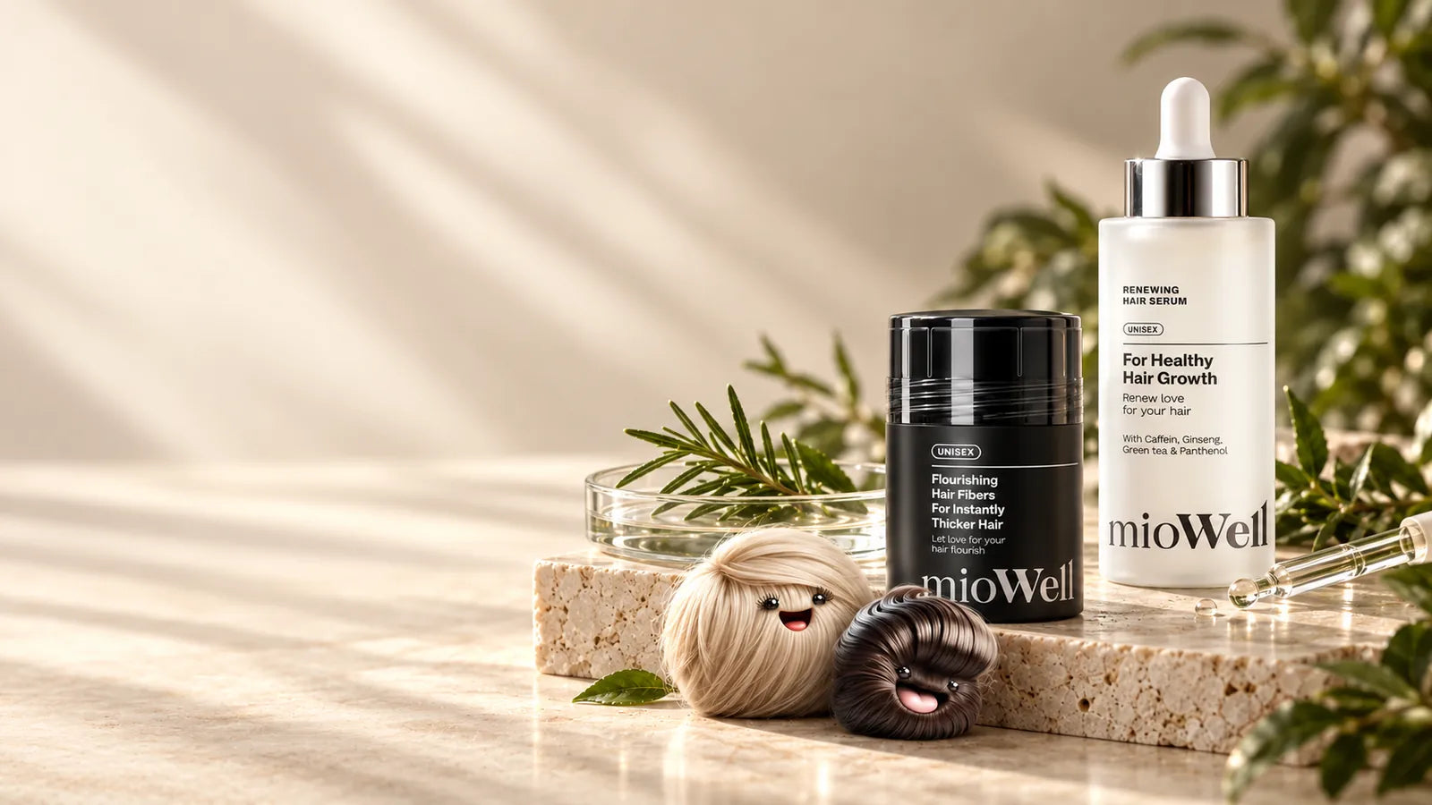 Sérum a bavlnené mioVlákna s maskotmi Mia a Well v teplom produktovom zátiší